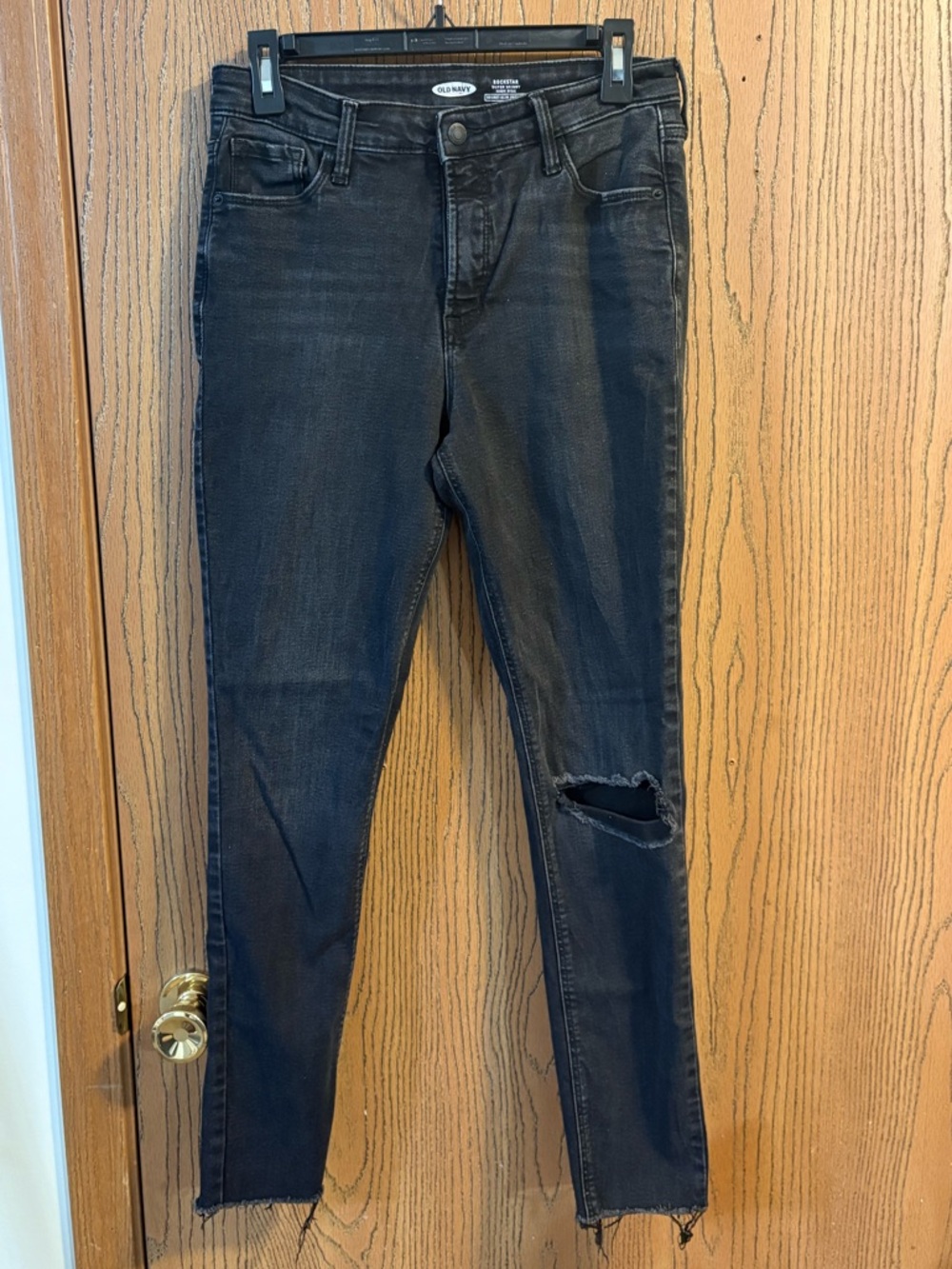 High Waisted Rockstar Skinny Black Distressed Jeans with Distressed Rip on Knee